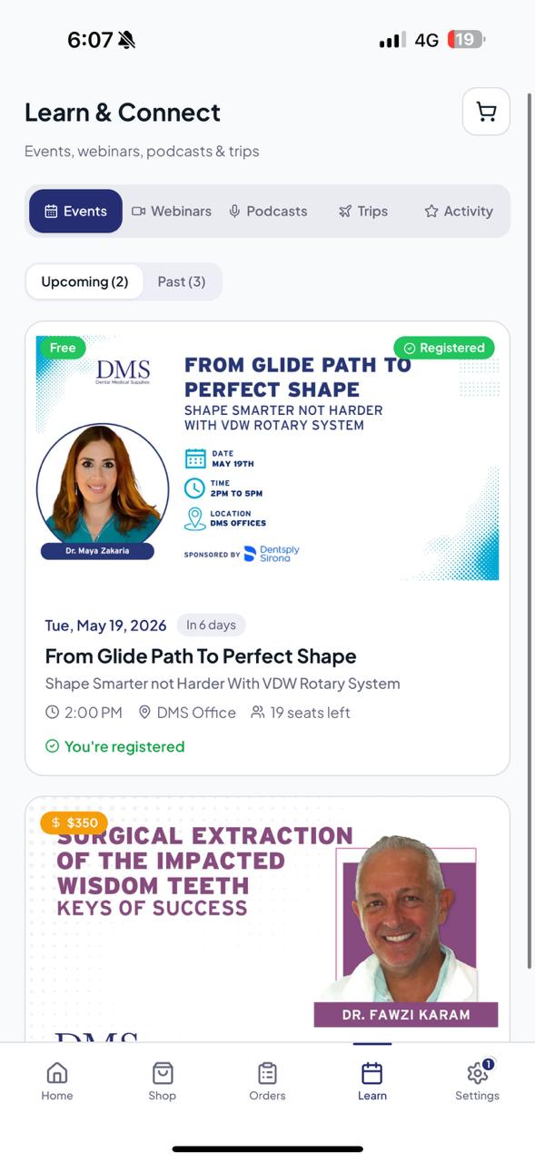DMS app — Learn & Connect tab with events