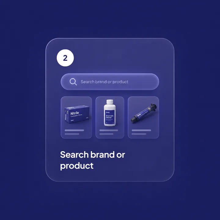 Step 2 — a search bar and three product cards: nitrile gloves, enzymatic cleaner, and a syringe