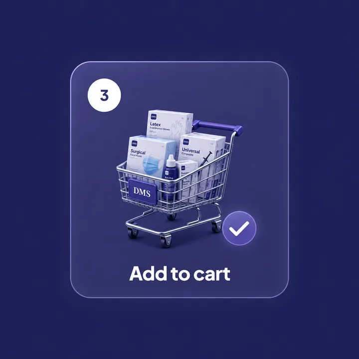 Step 3 — a shopping cart filled with DMS-branded supplies and a checkmark badge