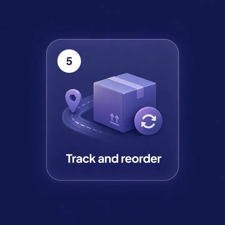 Step 5 — a delivery box following a route to a location pin, with a reorder button